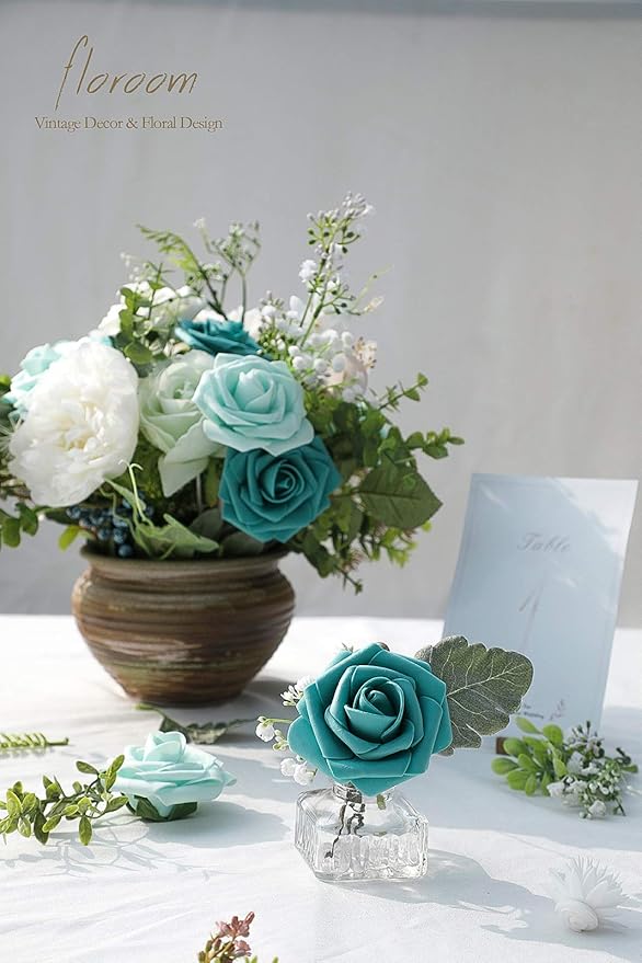 Floroom Artificial Flowers 50pcs Real Looking Teal Green Foam Fake Roses - Image 5