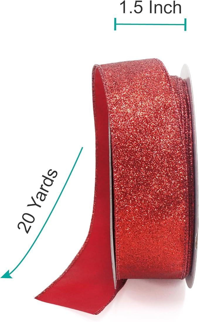CT CRAFT LLC Glitter Wired Ribbon 1.5" x 20 Yards Red - Image 2
