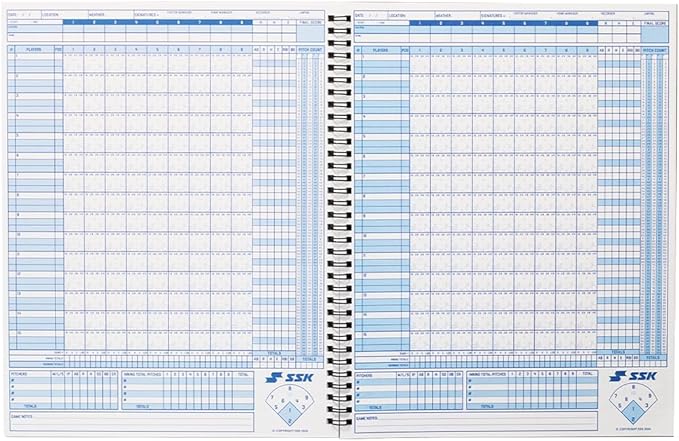 SSK 50 Game Official Scorebook Baseball + Softball – Premium Cover Score Keeping Book – 15 Player - Home + Away Team – 9.25”x12”