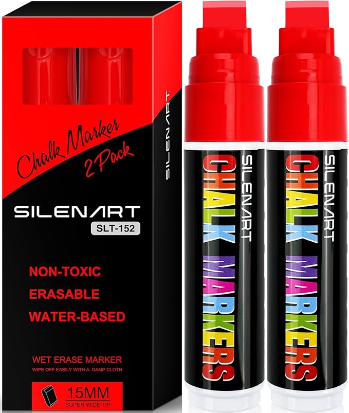 SILENART Thick Chalk Markers Red - 15mm Jumbo Tip Car Marker - Wide Window by SILENART-THEARTOFSILENCE