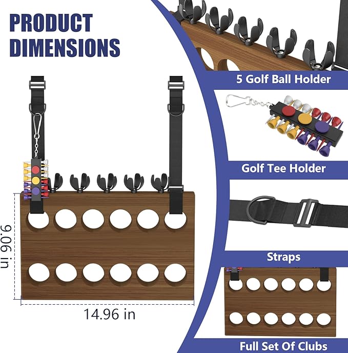 Golf Stroller Attachment – Universal Golf Club Holder for Strollers, Acacia Wood, 12 Slots, 5 Ball Holders & Removable Tee Case – Portable, Easy Setup, Gift for Golf-Loving Parents