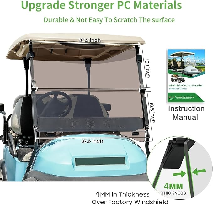 10L0L Golf Cart Windshield for Club Car Precedent 2004-Up, 2017-Up Onward, Tempo, Fold Down Club Car Windshield, Anti-UV Impact Resistant 37.5"W X 33.6"H(Teal)
