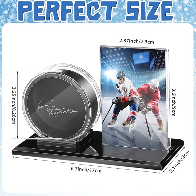 DoubleFill Hockey Puck and Card Display Case Acrylic Clear Holder Black Base Ring Stand Set Hockey Puck Centerpieces Protector Memorabilia Showcase