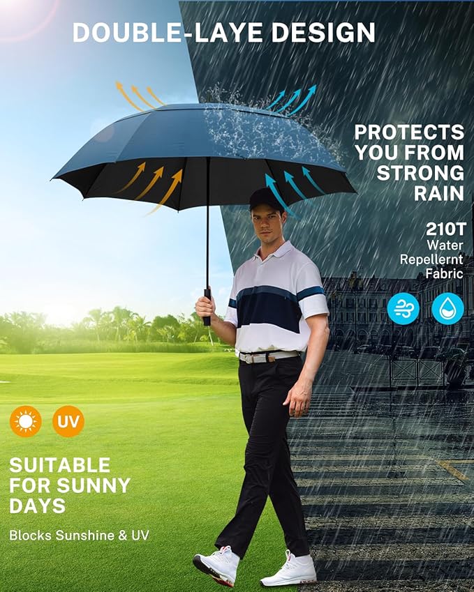 Gonex 54/62/68/72/80 Inch Extra Large Golf Umbrella, Automatic Open Travel Rain Umbrella with Windproof Water Resistant Double Canopy, Oversize Vented Umbrellas for 2-3 Men and UV Protection, Multiple Colors