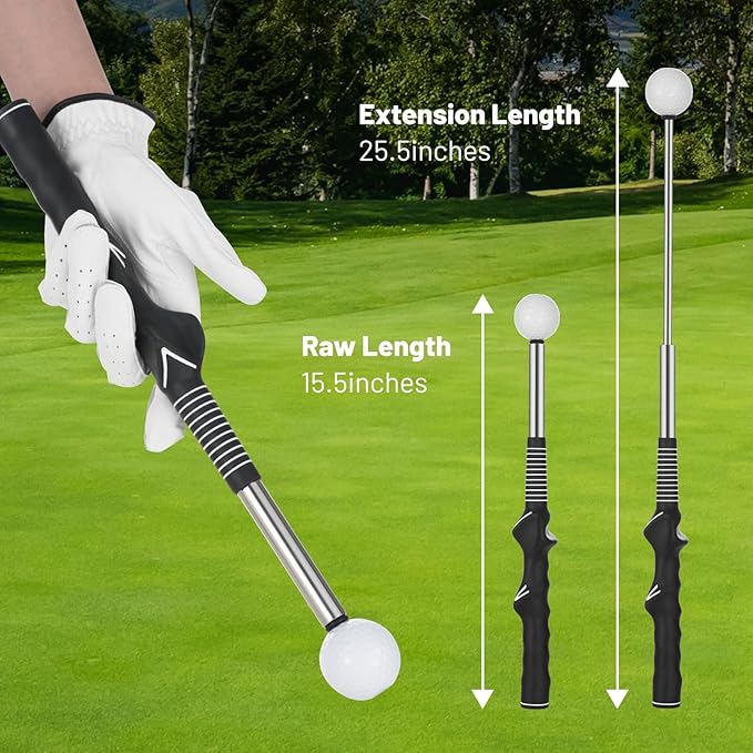 5-in-1 Retractable Golf Swing Trainer, Training Aid with Grip Trainer, Swing Mechanics for Beginners & Tempo Training for Advanced, Click Feedback, Arm Connection, Right/Left-Handed, Indoor/Outdoor