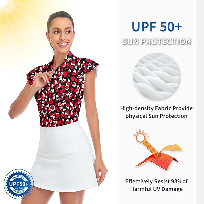 Soneven Womens Petal Sleeve Golf Shirts Moisture Wicking Lady Golf Apparel Print Tennis Sport T Shirt