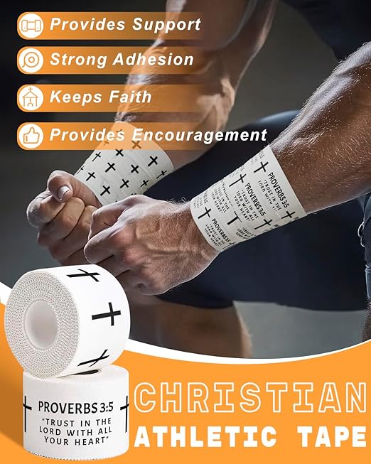 Yigney 4 Pack Christian Athletic Tapes Religious Sport Tape Bible Verse Wrist Tape Cross White Tapes for Sports Gymnastics Tennis 1.5IN X 23FT