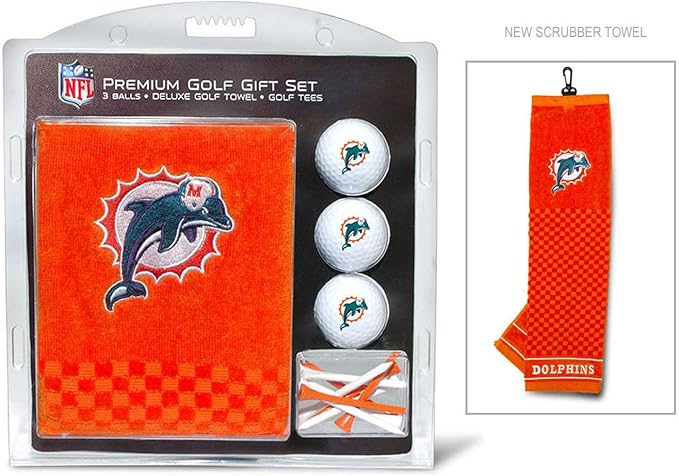 Team Golf NFL Miami Dolphins Gift Set: Embroidered Golf Towel, 3 Golf Balls, and 14 Golf Tees 2-3/4" Regulation, Tri-Fold Towel 16" x 22" & 100% Cotton