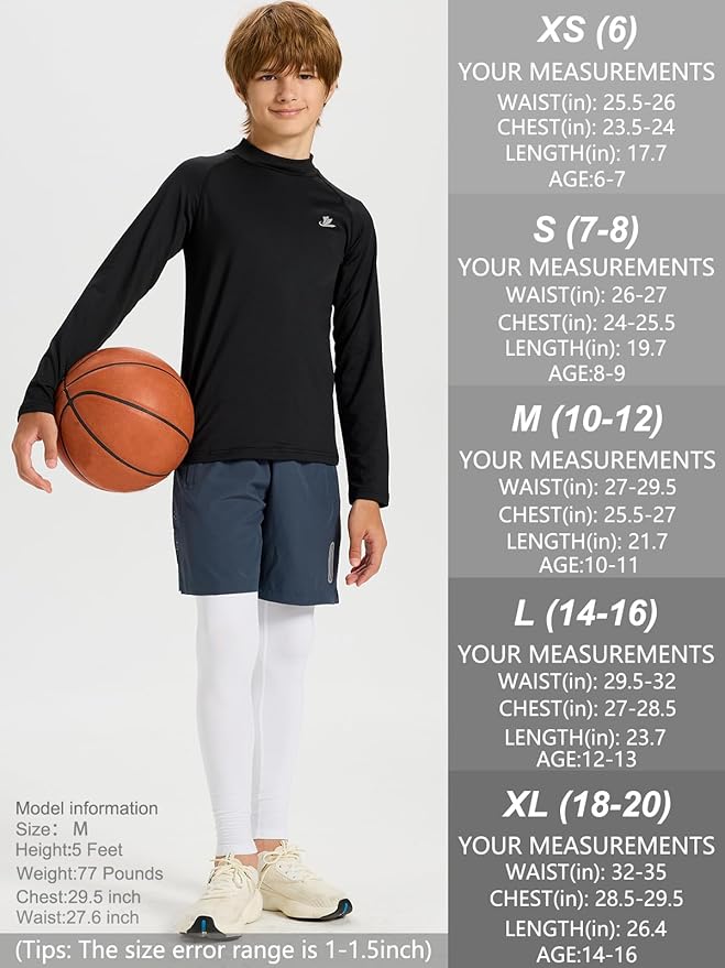 DEVOROPA Youth Boys Compression Thermal Shirt Long Sleeve Kids Fleece Baselayer Soccer Baseball Undershirt Slim/Regular/Husky