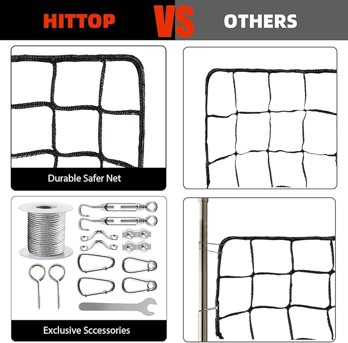 Baseball Softball Backstop Nets,Sports Net with 33ft Rope or Steel Hanging Kit, Nylon Nets Also for Basketball Soccer Lacrosse Hockey.