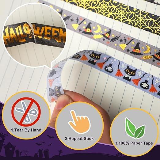 16 Rolls Halloween Washi Tape Holiday Masking Tape Stickers Glod Foil - Image 4