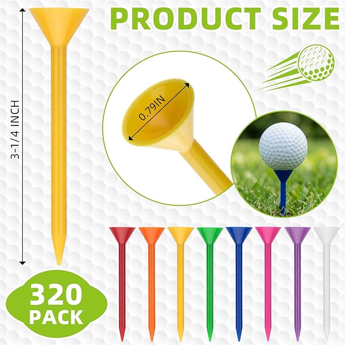 320 Pcs 3-1/4" Plastic Golf Tees with Large Cup, Golf Accessories Gifts for Men, Unbreakable Low Friction & Low Spin Long Tees for Improved Driving Distance and Accuracy