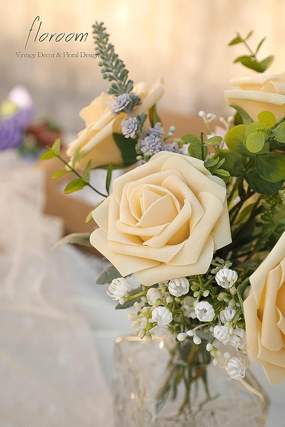 Floroom Artificial Flowers 50pcs Real Looking Creamy Yellow Foam Fake Roses - Image 6