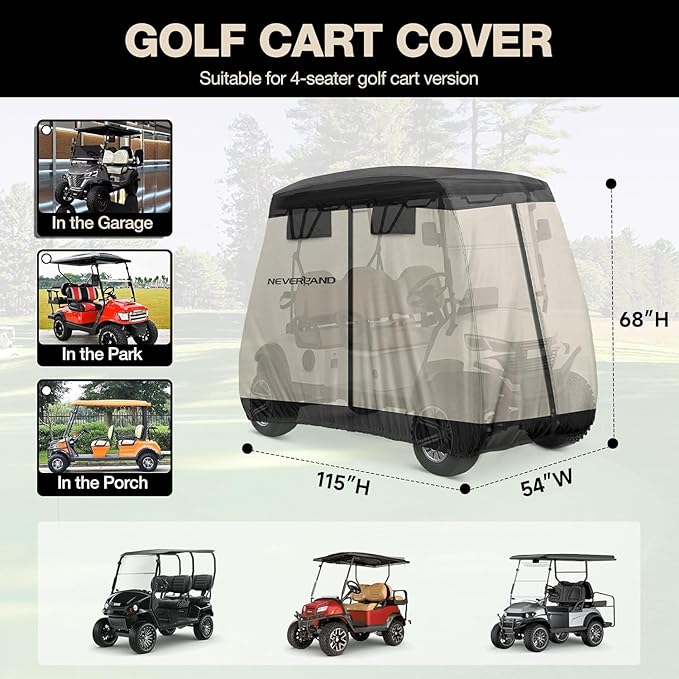NEVERLAND Golf Cart Cover 4 Passenger - Outdoor Waterprood Golf Cart Covers, 420D Club Car Golf Cart Covers With Air Vent&Zipper Compatible with EZGO Yamaha Club Car 4 Seat (Up to 115 Inch)Black+Brown