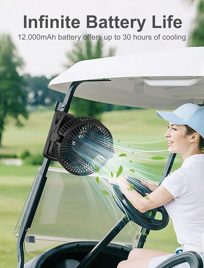 8-inch Magnetic Clip on Fan for Golf Cart, 12000mAH Battery Operated Portable Fan with 5 Speeds, LED Lantern, Magnetic Base, Compatible with EZGO Club Car Yamaha, Ideal Golf Cart Accessories
