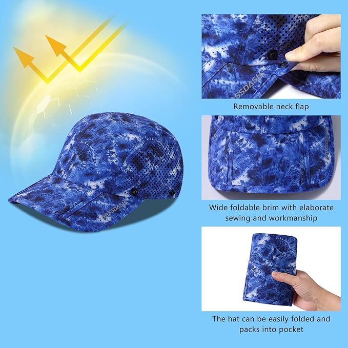 BASSDASH UPF 50+ Foldable Fishing Hat Baseball Cap with Removable Neck Flap Portable for Men Women Golf Hiking