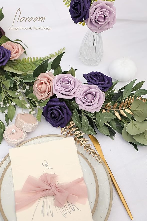 Floroom Artificial Flowers 25pcs Real Looking Lilac & Purple Foam Fake Roses - Image 6