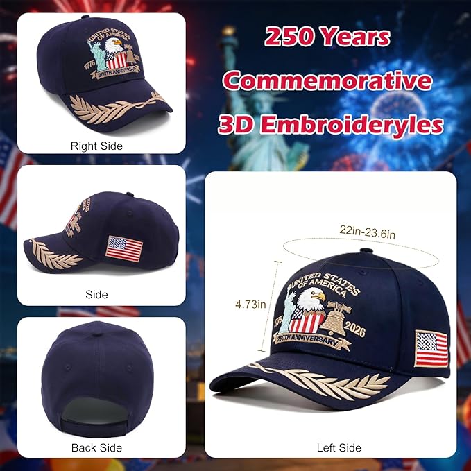 2 Pack 250 Anniversary USA Hat Embroidered Eagle & Liberty，Adjustable Patriotic American Flag Baseball Caps for Men Women