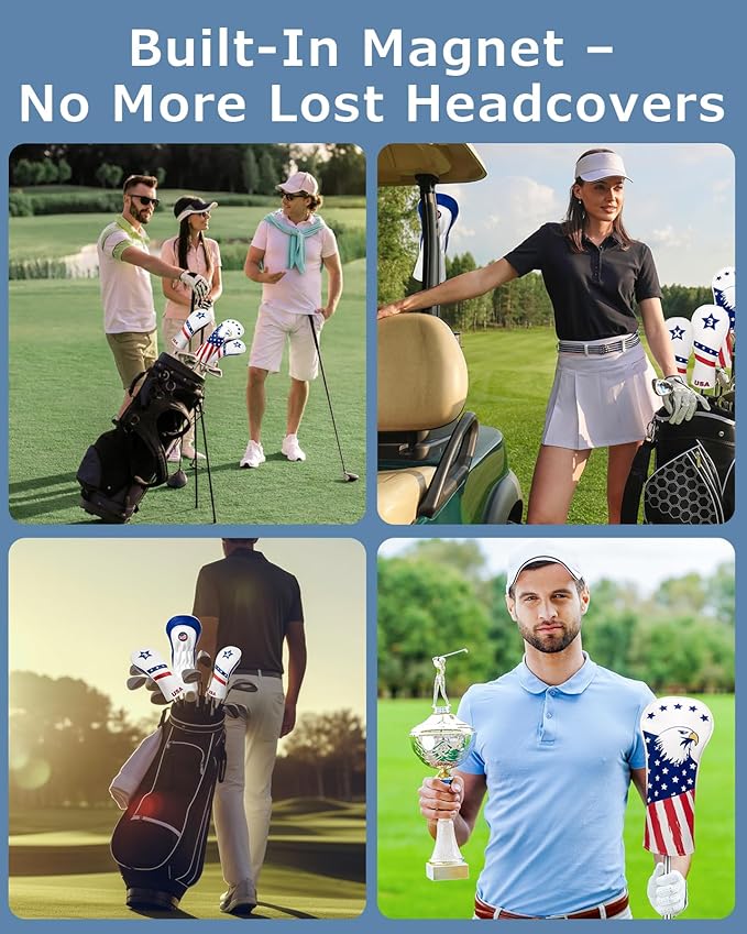 Fitense Golf Head Covers, 3 Pack Golf Club Head Covers USA Stars and Stripes, Velour Lined for Extra Club Protection, Designed to Fit All Woods and Drivers Velour Lined