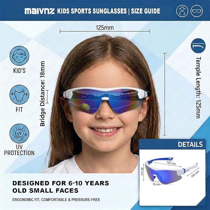 maivnz Youth Baseball Sunglasses for Boys and Girls Ages 6-12, Kids Sports Glasses for Softball Cycling, Helmet Compatible