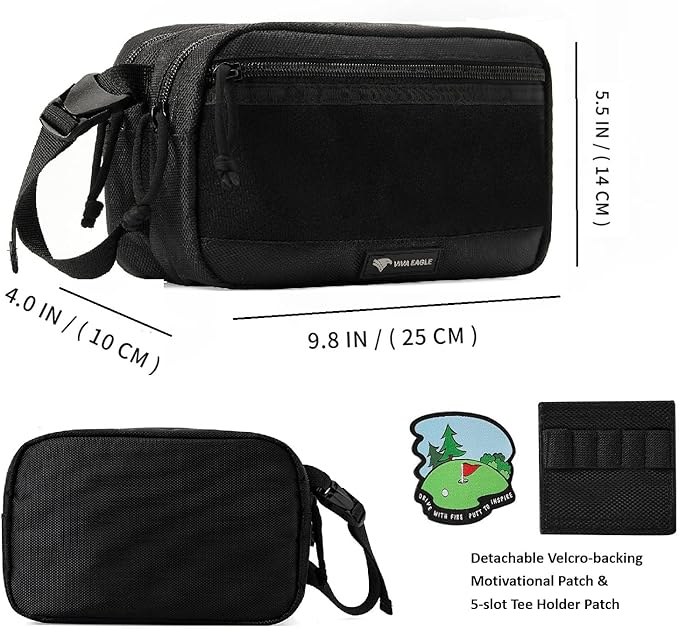 Golf Pouch Bag for Balls Accessories Valuables | Customizable with Hook-and-Loop Panel | Ideal Golfer Gift, Includes Tee-Holder and Motivation Patches | Also Great for Gym Sports Travel Tactical