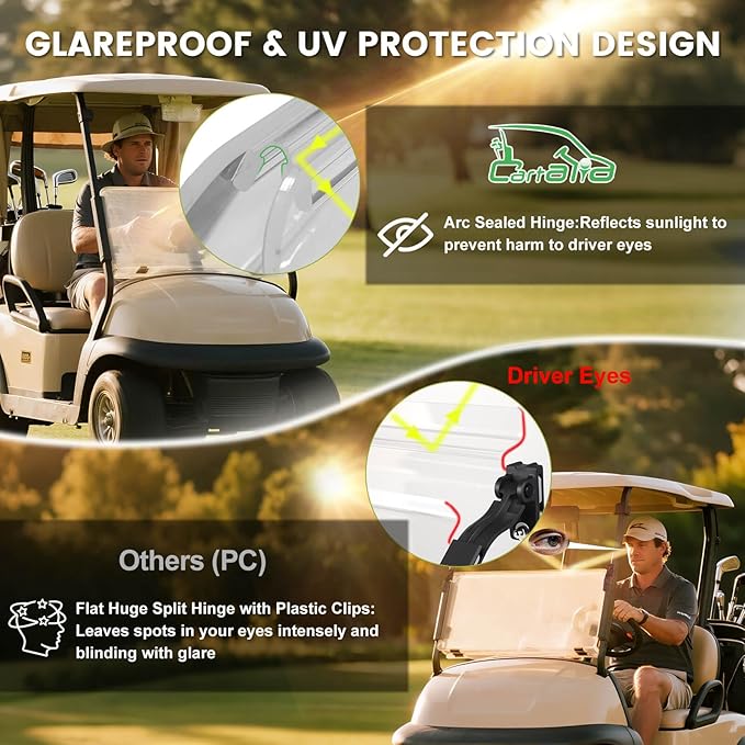 Clear Golf Cart Foldable Windshield 3/16" (5MM) Thicken for Club Car Precedent 2004+, Tempo & Onward 2017+, 37.4" W×32.7" H, Fits 1"×1" Strut Rail Window Glass Replacement Scratch-Resistant