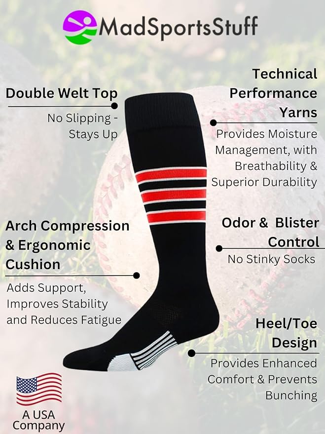 MadSportsStuff Softball Socks Baseball Socks | White & Team Colors | USA Made | Sizes for Girls, Youth Boys, Men & Women