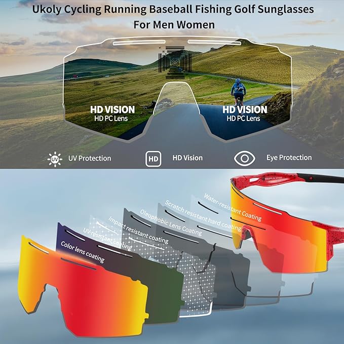 Ukoly Cycling Sunglasses for Men Women with 3 Interchangeable Lenses, Polarized Sports Sunglasses, Baseball Sunglasses