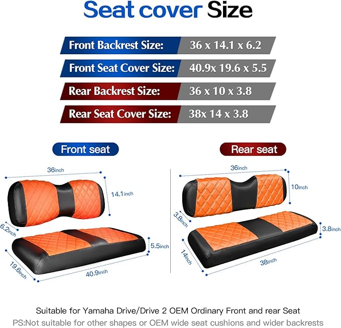 NOKINS 4PCS Golf Cart Diamond Seat Covers Kit,Front and Rear Seat Covers for Club Car Precedent/EZGO TXT/Yamaha Original Regular Seat Cushion (Orange and Black, Fit Yamaha Drive/Drive 2)