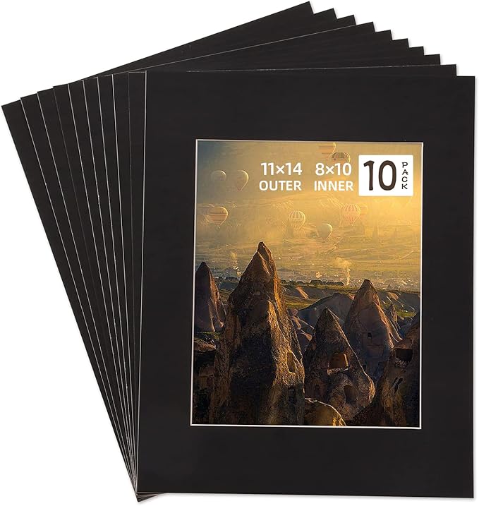 HOTUO 10 Pack Black 11x14 Picture Frame Mats, Pre-Cut 11x14 Picture Mats by HOTUO