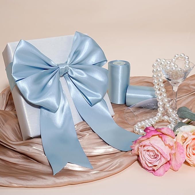LaRibbons Light Blue Satin Ribbon 4 Inch 10 Yards Double Faced Luxury Baby Blue - Image 3