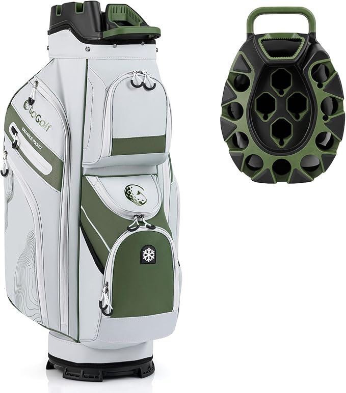 Tangkula Golf Cart Bag with 14-Way Full Length Dividers, 6 Molded Lock Top Golf Club Bag with 11 Pockets, Cooler Bag, Padded Strap, Handles, Umbrella Holder & Rain Hood