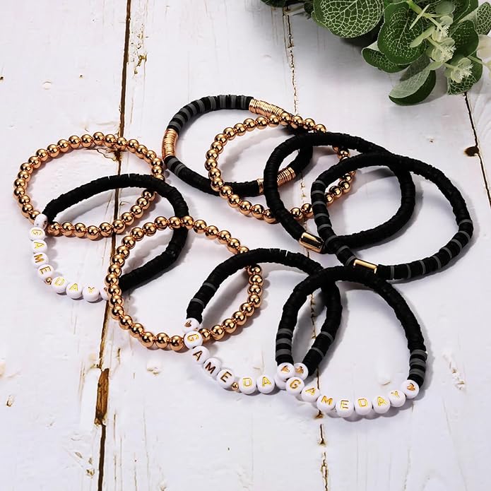 NLCAC 9 Pack Game Day Bracelets Stackable Heishi Beaded Stretchy Bracelet Preppy Jewelry Baseball Football Team Bracelets Sports Fan Accessories Gifts