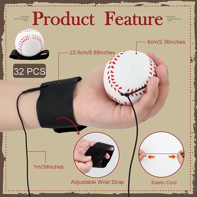 SAYAYA 4/8/16/32 Wrist Return Ball on a String 2.36 Inches Rebound Sport Balls with Elastic Strap Baseball Soccer Tennis Practice Party Favors, Wrist Exercise and Fun Play for Kids & Adults