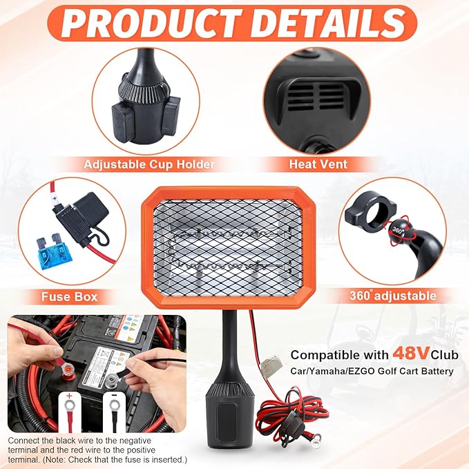 48V Golf Cart Heater Golf Cart Accessories, 400W Safe & Fast Heating Electric Heaters for Golf Cart, Battery Operated Heater with 360° Adjustable Angle Carbon Fiber Heating for Club Car/Yamaha/EZGO