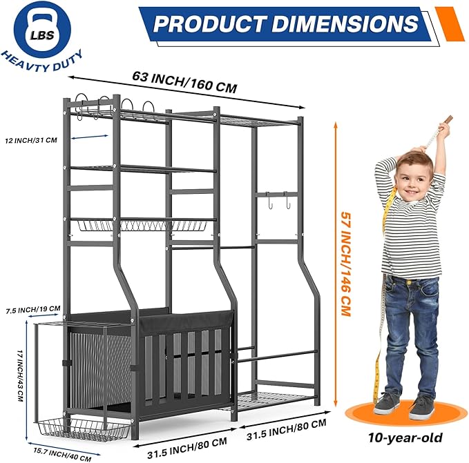 Heavy Duty Garage Sports Equipment Organizer, All-in-One Golf Bag Storage Rack & Multi-Sport Ball Holder for Basketballs, Bats & Kids Toys, Indoor/Outdoor Free Standing Gear Bin