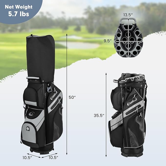 Tangkula Golf Cart Bag with 14-Way Full Length Dividers, 6 Molded Lock Top Golf Club Bag with 11 Pockets, Cooler Bag, Padded Strap, Handles, Umbrella Holder & Rain Hood
