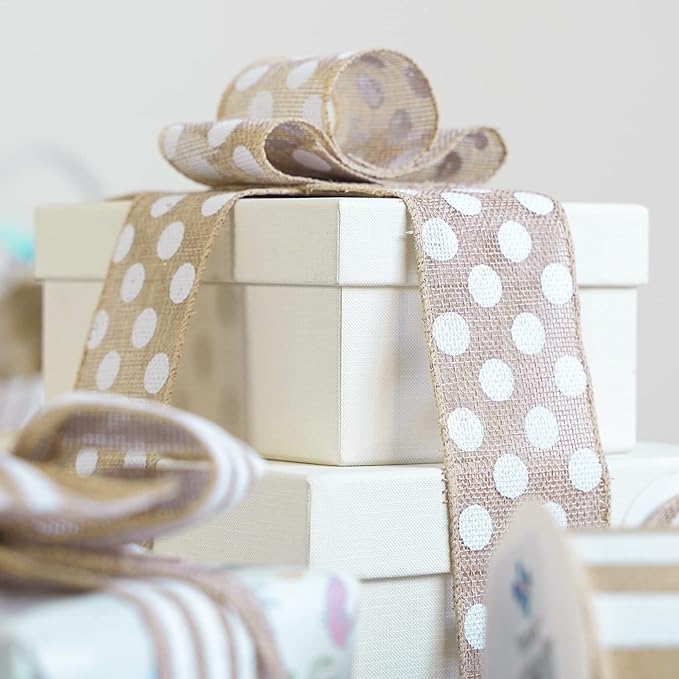 MEEDEE Burlap Ribbon with White Polka Dots - Image 5
