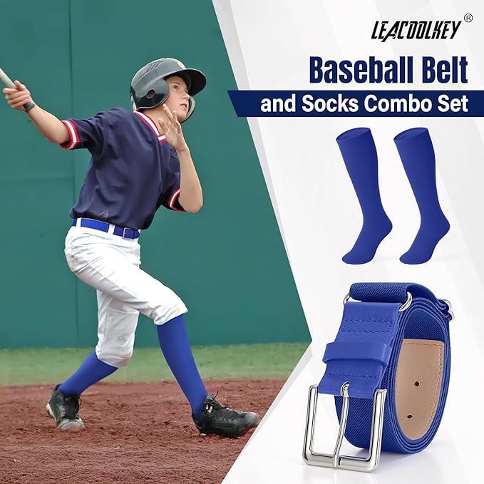 LEACOOLKEY Baseball Belt and Socks Combo Set Adjustable Softball Socks and Elastic Belt for Youth and Adult
