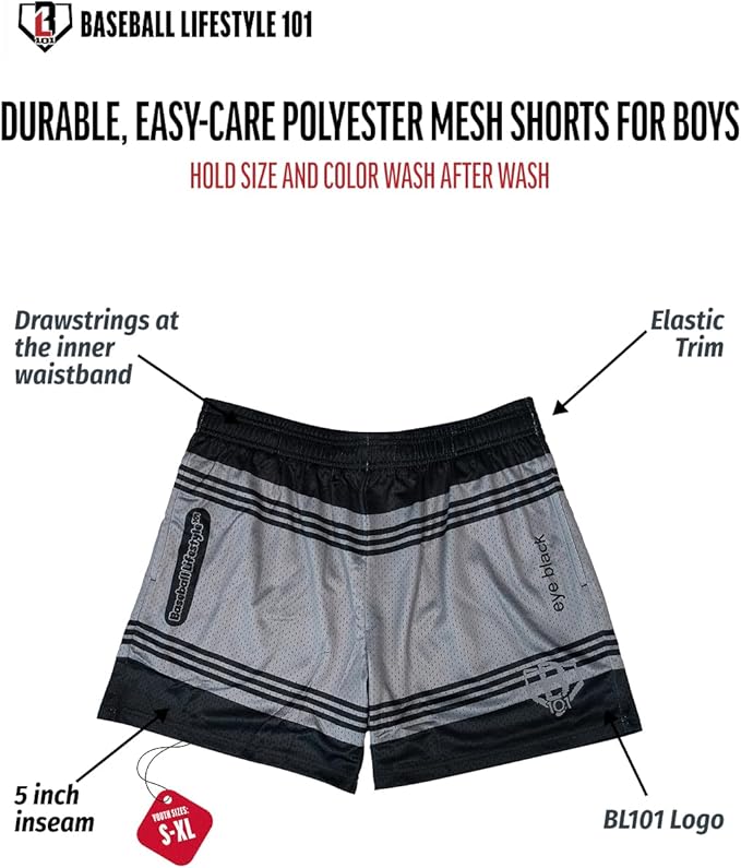 Baseball Lifestyle 101 Boy's Crayon Mesh Shorts w/Side Pockets and Elastic Waist, 5 in Inseam, Youth Sizes S-XL