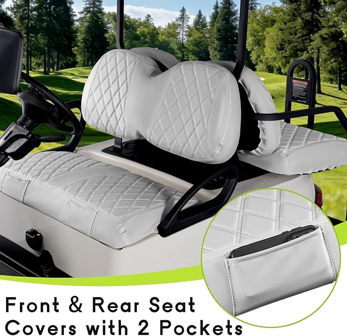 Golf Cart Seat Cover Front and Rear Set of 2 Fit for Club Car Tempo OEM Ordinary Seats No Nails Required Easy to Install & Clean Gray Vinyl Leather Seat Cushion Covers