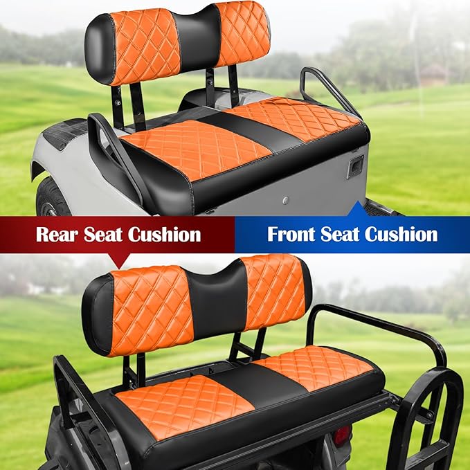 NOKINS 4PCS Golf Cart Diamond Seat Covers Kit,Front and Rear Seat Covers for Club Car Precedent/EZGO TXT/Yamaha Original Regular Seat Cushion (Orange and Black, Fit EZGO TXT 1994-2013)