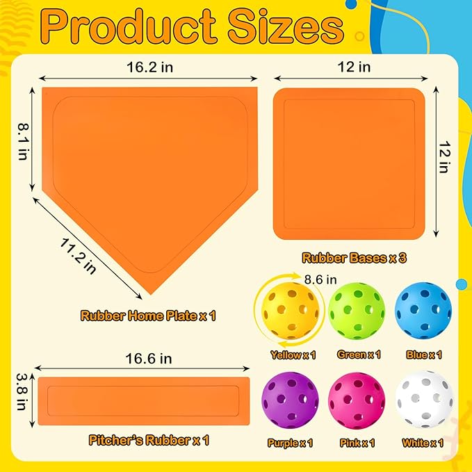 Mototo Rollable Baseball Base for Yard Practice Kit, 5 Baseball Home Plate Rubber Base with 6 Practice Soft Balls & Black Storage Bag, Throw Down Home Plate for Backyard, School Kickball, Tball