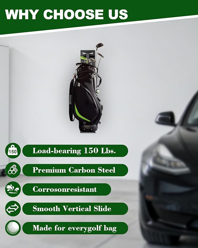 Wall Mount Golf Bag for Garage, Carbon Steel Silent Sliding Rail Golf Bag Holder Wall Mount Rack, Golf Bag Storage Organizer for Golfing Clubs, Home, Basement - 2 Pcs