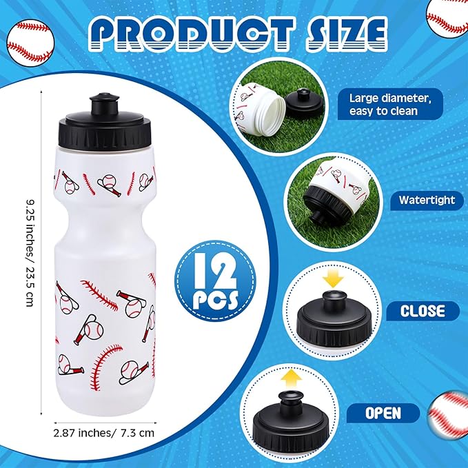 Reallnaive 24 Pcs Baseball Party Favors Gifts, 24 oz Baseball Water Bottles Reusable Sport Squeeze Drinking Cup, Eat Sleep Drawstring Bag Sport Pack Cinch Sack for School Team Gift Event Accessories