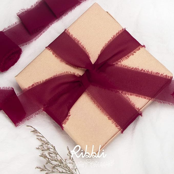 Ribbli Burgundy Chiffon Ribbon 1-1/2 inch x 20 Yard Handmade Fringe Chiffon - Image 2