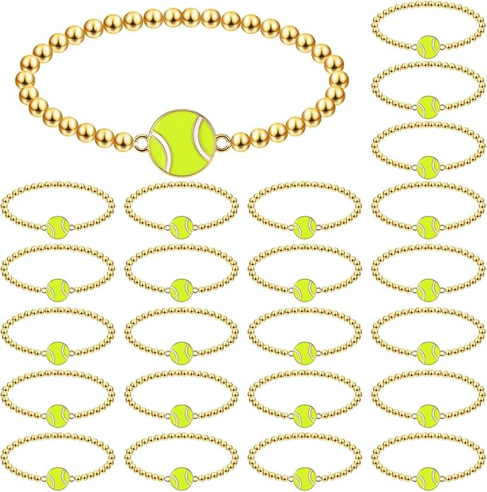 Tondiamo 24 Pcs Cheer Baseball Softball Soccer Basketball Football Tennis Bracelets Gifts Bulk Beaded Stretch Bracelets Charm Gifts Sport Jewelry Party Favors Supplies
