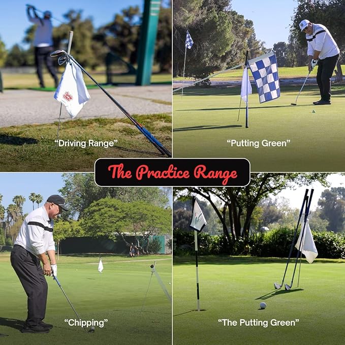 Golf Club Stand & Accessories | Designed to Minimize Bending on the Course | Multi-Club Holder, Ball Pick-Up Cap, Towel, Carabiner & Marker | Made in USA