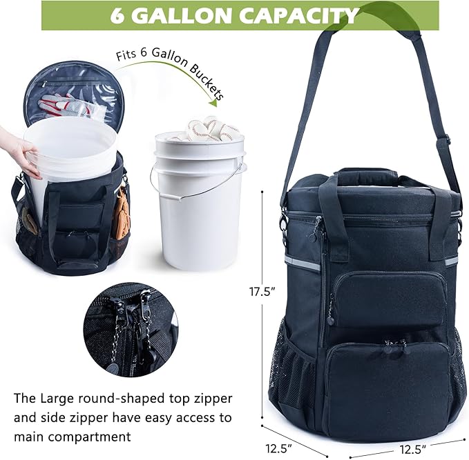 VIGERARI Baseball Bucket Bag- Coach Bag-Expandable Softball Bucket Organizer with Padded Seat