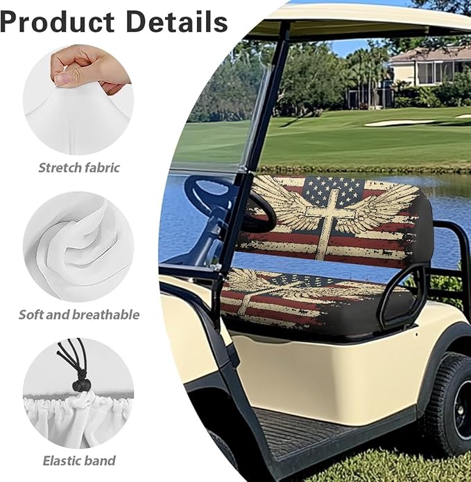 Yewatlles American Flag Cross Pattern Golf Cart Seat Covers, Personalized Golf Cart Seat Cover Keeps Seat Cool and Clean, Fits in 2-Seat Golf Carts